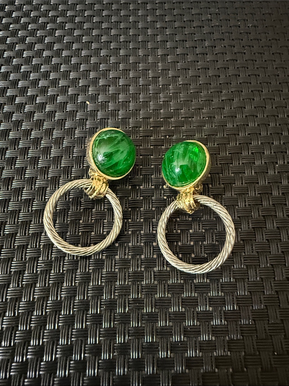 Green Cabochon and Two-Tone Hoop Drop Earrings